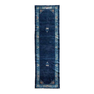 1920s Traditional Navy Blue Open Field Antique Chinese Peking Runner Rug For Sale