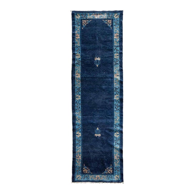 1920s Traditional Navy Blue Open Field Antique Chinese Peking Runner Rug For Sale