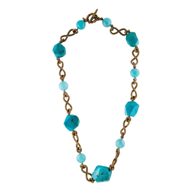 2010 Stephen Dweck Necklace Turquoise Nuggets Aqua Chalcedony 28” Bronze For Sale