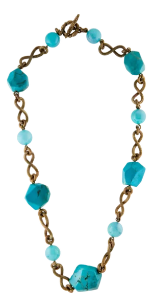 2010 Stephen Dweck Necklace Turquoise Nuggets Aqua Chalcedony 28” Bronze