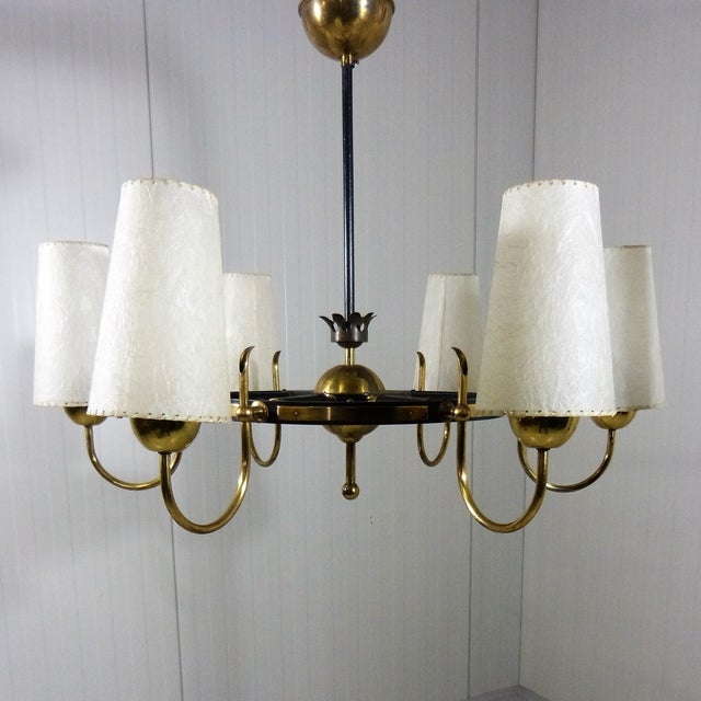 Metal Finnish Brass Chandelier with Polyester Shades and Glass Diffusers, 1950s For Sale - Image 7 of 18