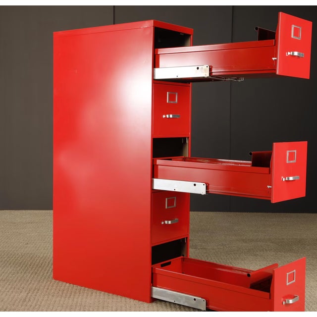 Mid-Century Modern Vintage Red Powder Coated Steel 5 Drawer Filing Cabinet, 1950s For Sale - Image 3 of 7