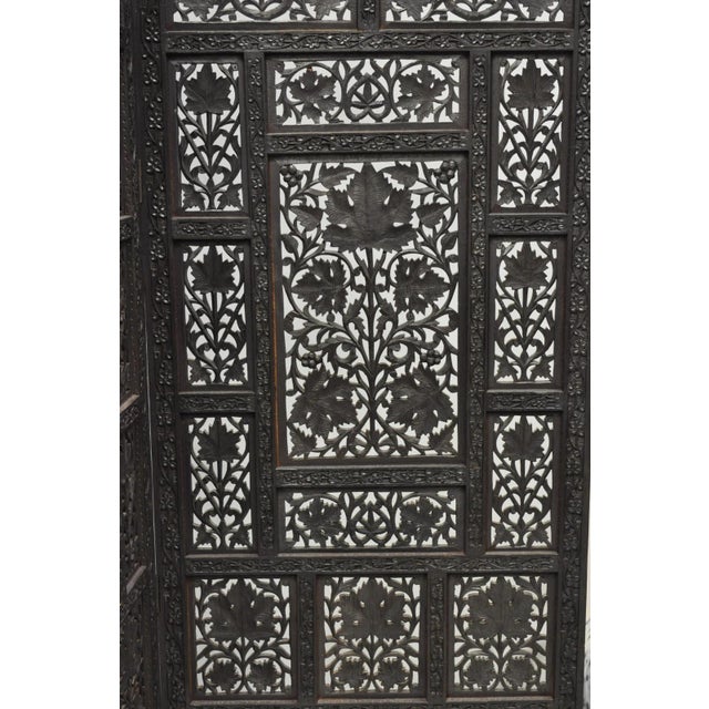Brown Vintage Anglo Indian Carved Teak Wood 4 Panel Room Divider Folding Screen For Sale - Image 8 of 15