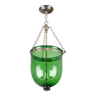 Antique 13 In. Green Hand Blown Crystal Bell Jar Pendant Light For Sale