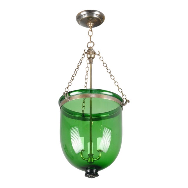 Antique 13 In. Green Hand Blown Crystal Bell Jar Pendant Light For Sale