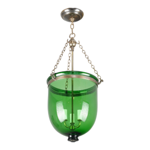 Antique 13 In. Green Hand Blown Crystal Bell Jar Pendant Light