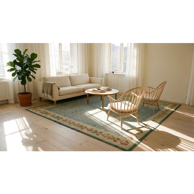 Delictate Border Floral in Empire Style With Green Open Field Antique French Aubusson Rug For Sale - Image 11 of 12