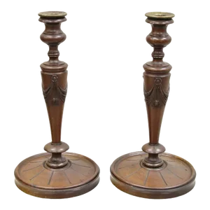 Late 19th Century Antique English Edwardian Carved Mahogany Draped Single Candlesticks - a Pair