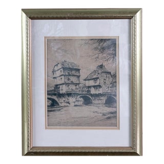 Original Signed Paul Geissler Etching | Historic Brückenhäuser, Bad Kreuznach - German Architectural Art - Circa 1930 For Sale