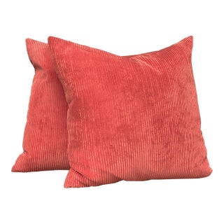 Custom Coral Orange Corduroy Pillows - A Pair For Sale