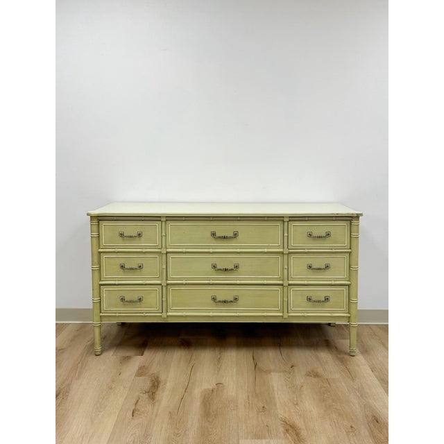 Hollywood Regency Vintage Dresser Henry Link Green Nine Drawer Bali Hai Coastal Hollywood Regency For Sale - Image 3 of 18