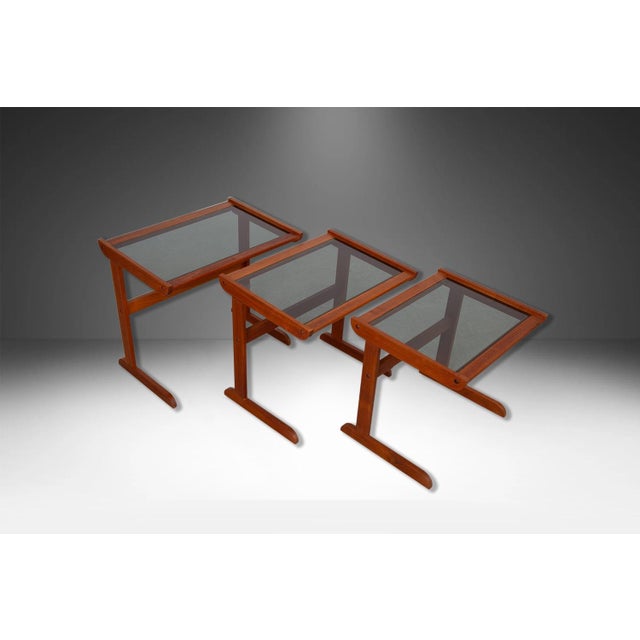 1970s Danish Mid Century Teak Glass Top Nesting Tables - Set of 3 For Sale - Image 9 of 11