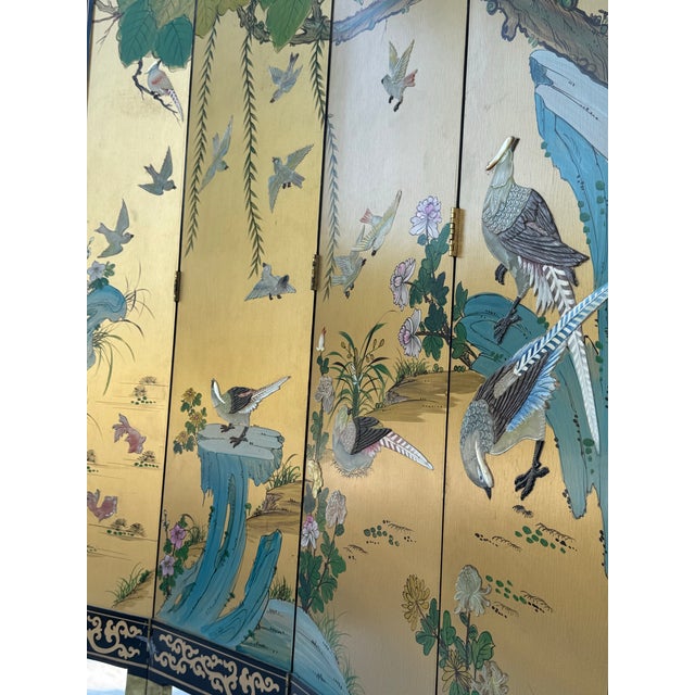 Chinoiserie Vintage Chinese Four-Panel Chinoiserie Folding Screen With Raised Shell Birds & Gold Leaf For Sale - Image 3 of 8