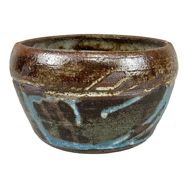 Vintage Abstract Stoneware Drip Glazed Studio Pottery Bowl For Sale