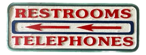 Vintage Hand-Carved Painted Wooden Directional Sign – “Restrooms / Telephones”