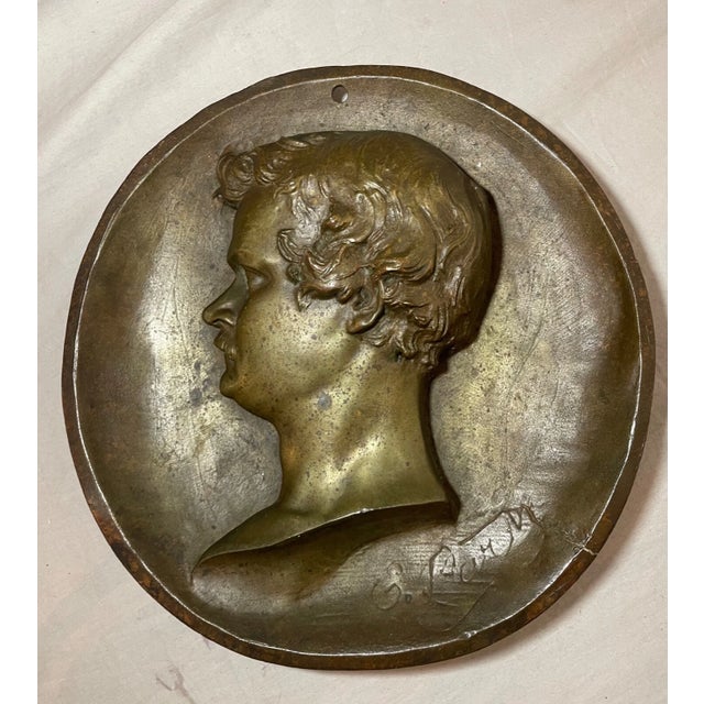 Figurative High Quality Antique Signed Thick Bronze Relief Portrait Wall Plaque Medallion For Sale - Image 3 of 11