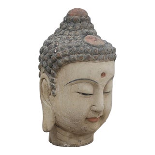 Vintage Chinese Painted Wood Buddha Head For Sale