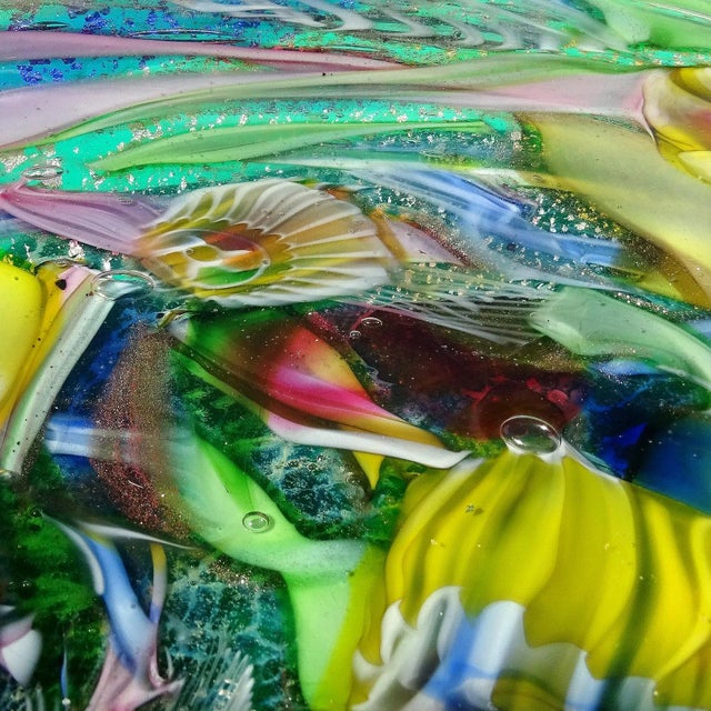 Abstract Murano Avem Green Millefiori Flower Silver Flecks Aventurine Ribbons Italian Art Glass Vintage Ashtray Bowl For Sale - Image 3 of 7