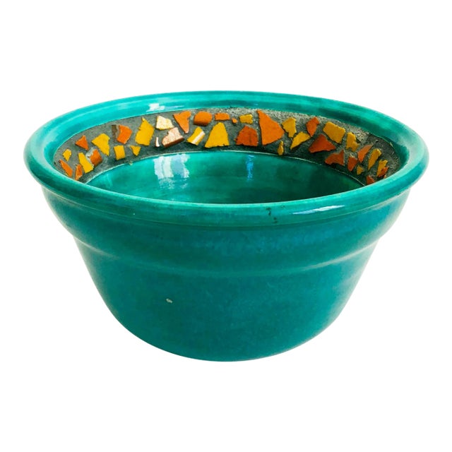 Vintage Green and Orange Handmade Pottery Bowl For Sale