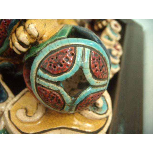 Glazed Shiwan Foo Dog / Guardian Lion, Wood Mounted Antique Chinese Ceramic Wall Tile For Sale - Image 9 of 10