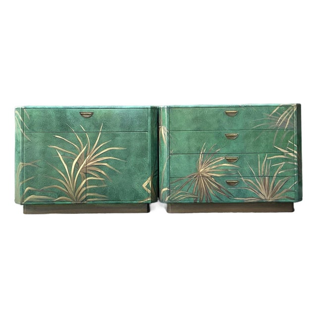 Vintage Boho Hand Painted Palms Dry Bar and Chest - Set of 2 For Sale