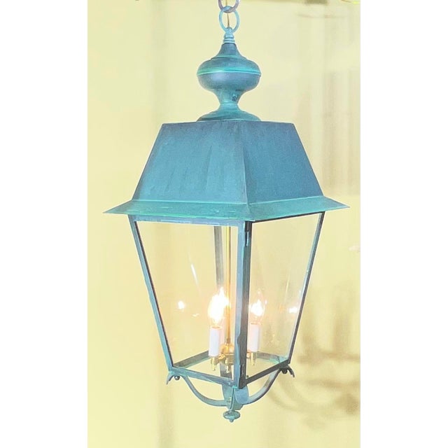 2020s Pair of Solid Verdigris Brass Hanging Lanterns. 14” X 14” X 33” For Sale - Image 5 of 16