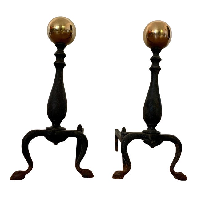 Vintage Cast Iron and Brass Andirons a Pair For Sale