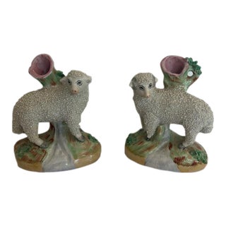 Antique Staffordshire Pair of Pastoral Sheep Spill Vases For Sale