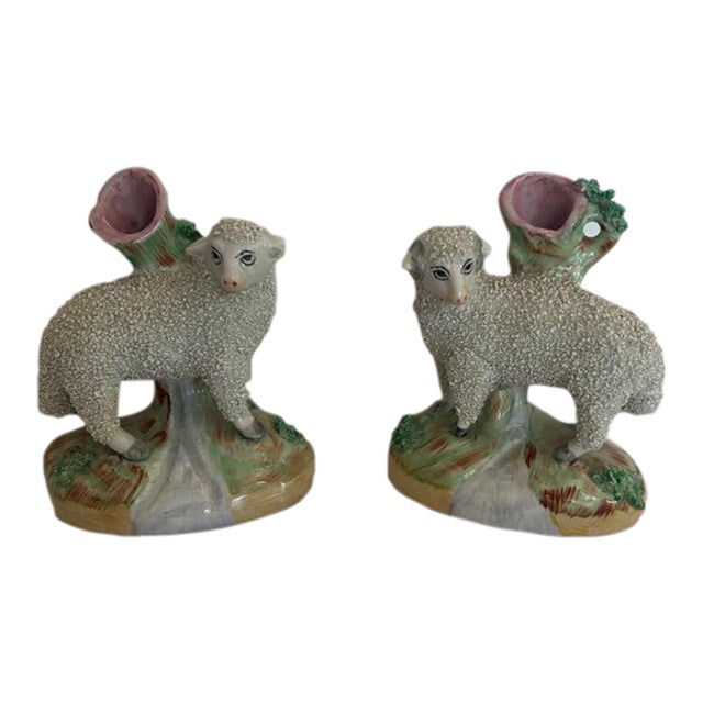 Antique Staffordshire Pair of Pastoral Sheep Spill Vases For Sale