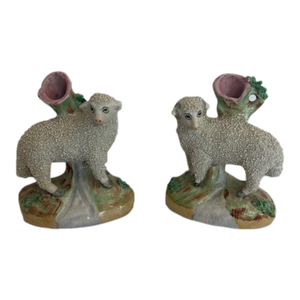 Antique Staffordshire Pair of Pastoral Sheep Spill Vases