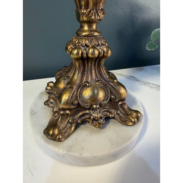 Victorian Vintage Hollywood Regency Cherub Putti Ivory & Gold Table Lamp - = Original Fringed Shade For Sale - Image 3 of 7