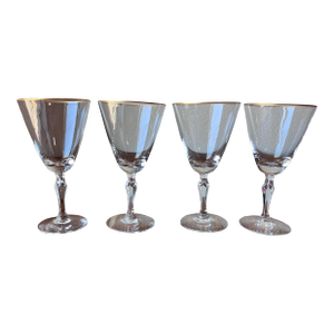 Mid 20th Century Fostoria Aurora Pattern Stem 6092, Gold Rim Water Goblets - Set of 4