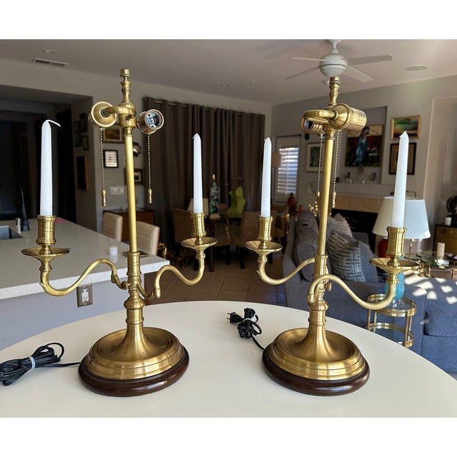 Pair Brass Bouillotte Candleholder Table Lamps Wildwood For Sale In Palm Springs - Image 6 of 15