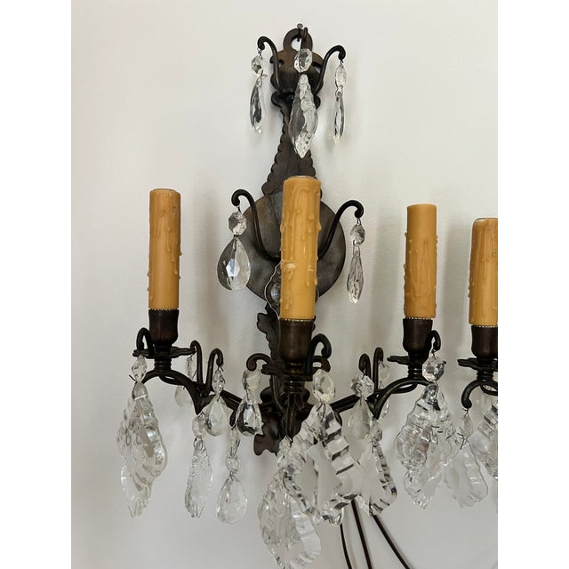 Metal Late 19th Century Pair of French Versailles Metal and Crystal Sconces For Sale - Image 7 of 8