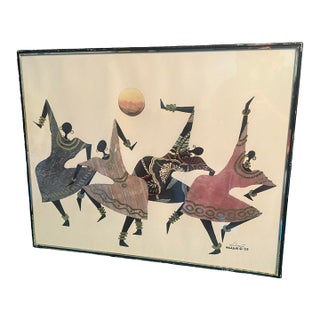 Vintage Postmodern 1980s Print Ed Hale Halessie African Wall Art Picture Gold Frame Hip Bones in Motion For Sale