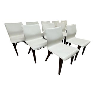 X-Back White Leather and Dark Walnut Wood Dining Side Chairs, Set of Ten For Sale
