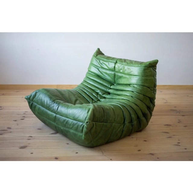 Animal Skin Dubai Green Leather Togo Lounge Chair by Michel Ducaroy for Ligne Roset For Sale - Image 7 of 8