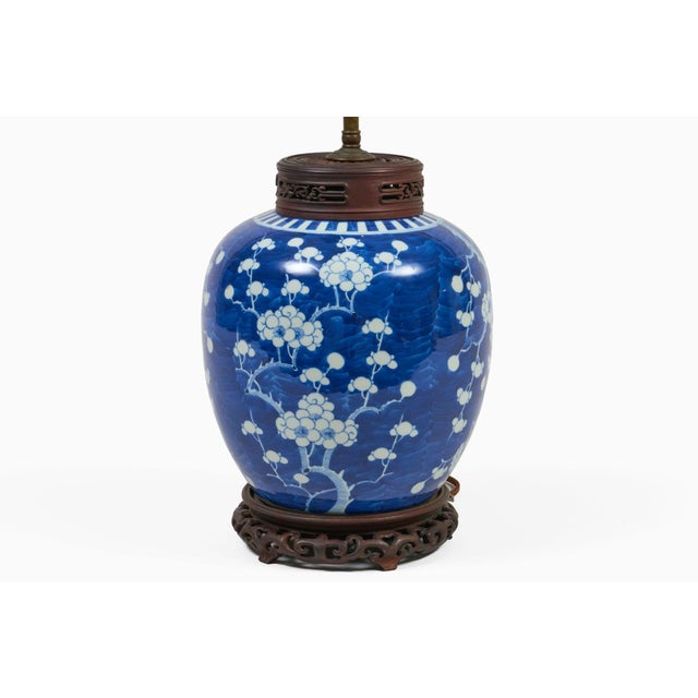 Early 18th Century Chinese Blue and White Porcelain Prunus Ginger Jar Lamp For Sale - Image 4 of 8