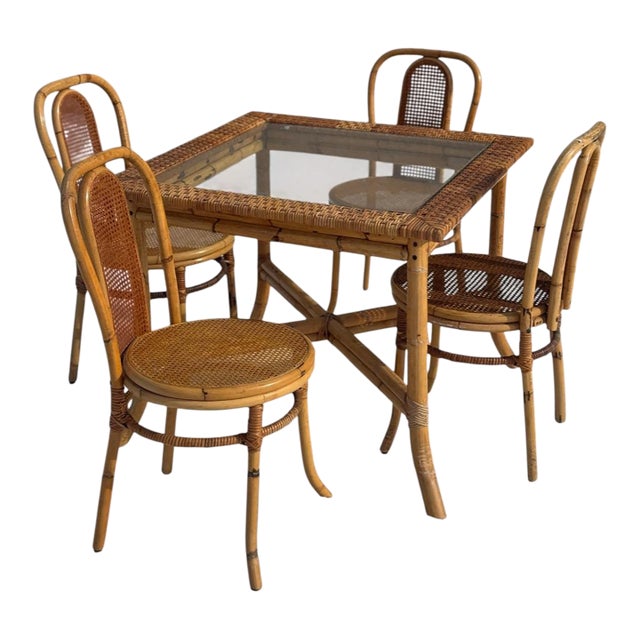 1970s Palm Beach Style Rattan Dining Set With Glass Top Table and Four Cane Back Chairs For Sale