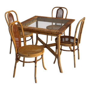 1970s Palm Beach Style Rattan Dining Set With Glass Top Table and Four Cane Back Chairs