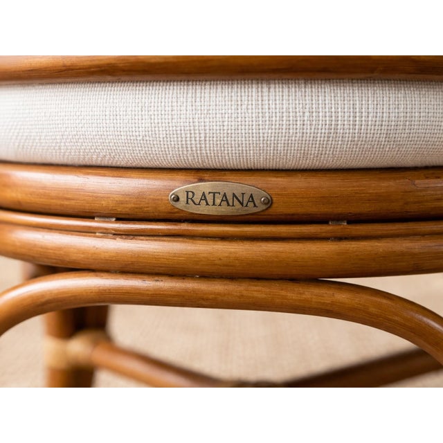 Late 20th Century Ratana Palm Beach Regency Rattan Dining Set – 5 Piece Round Glass Top Table With Newly Upholstered Linen Chairs For Sale - Image 10 of 11