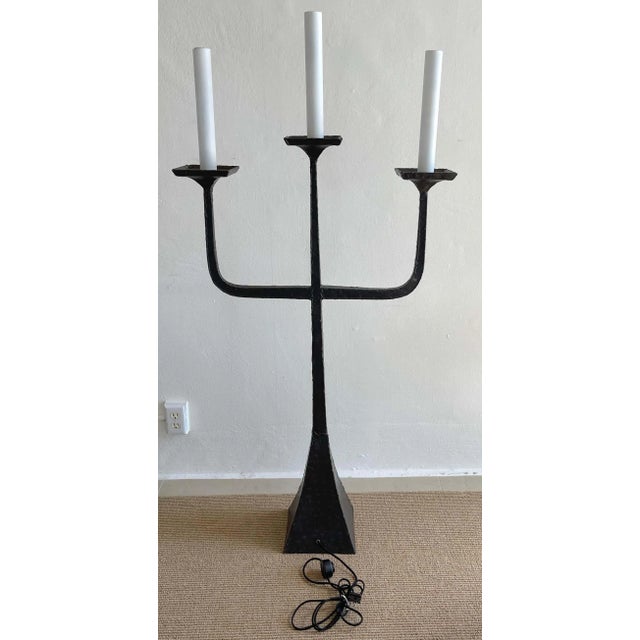 Metal Mid 20th Century French Modern Wrought Iron Three -Light Candelabra Floor Lamp For Sale - Image 7 of 12