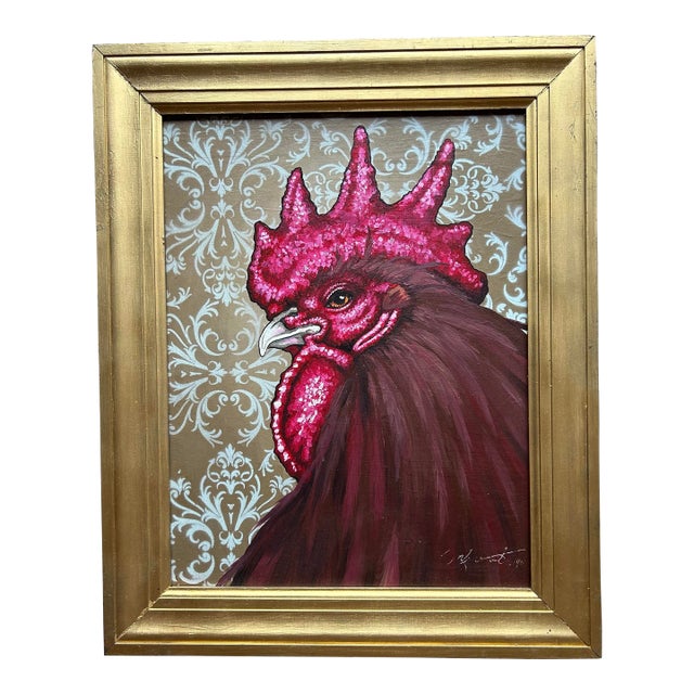 Vintage Decorative Oil Painting of Rooster on Canvas For Sale