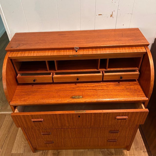 Mid-Century Modern Mid Century Danish Teak Roll Top Secretary Desk With Original Key For Sale - Image 3 of 5