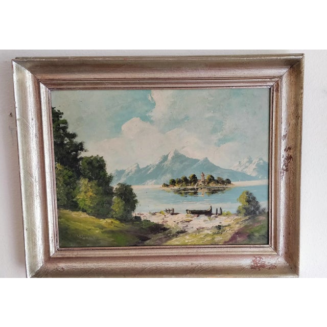 Vintage Mountain Lake Boat Painting Artist Signed For Sale - Image 9 of 10