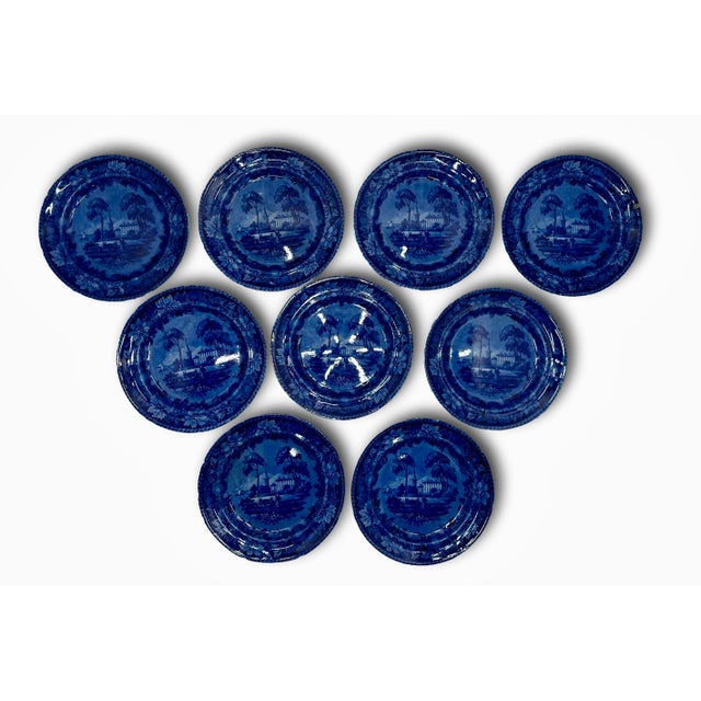 Stunning & Rare Antique Original Set of 9 Dark Flow Blue English Staffordshire 10 Inch Dinner Plates Circa 1830s For Sale - Image 4 of 17
