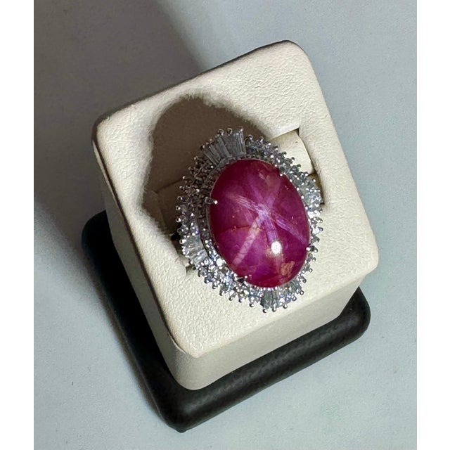 Arts & Crafts Vintage 21 Ct Star Oval Natural Ruby Cabochon & 2.45 Ct Diamond Ring , Platinum For Sale - Image 3 of 18