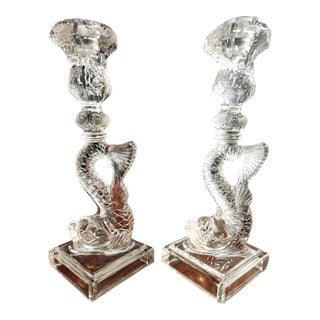 Koi Fish Dolphin Fine Glass Candle Holders - Pair. For Sale