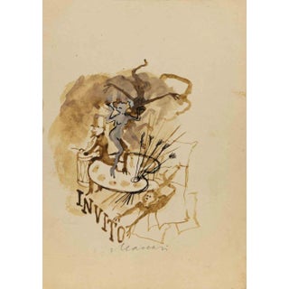 Mino Maccari, Invitation, Watercolor on Paper, 1950s For Sale
