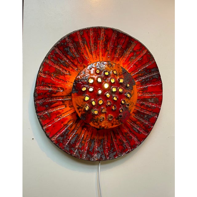 Danish Sculptural Sunflower Acid-Glazed Stoneware Wall Sconce, 1970s For Sale - Image 6 of 11